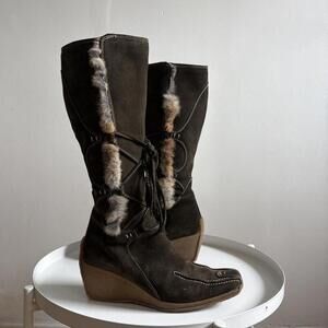Y2K Suede & Fur Trim Wedge Boots